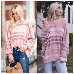 Free People Easy Street Space Dye Sweater in Sand & Sugar Combo Stripe Oversize